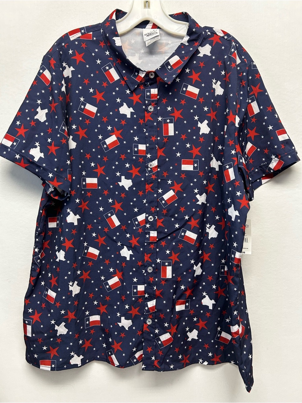 Men's Navy Short-Sleeve Button-Down Shirt - Red & White Star and Flag Print